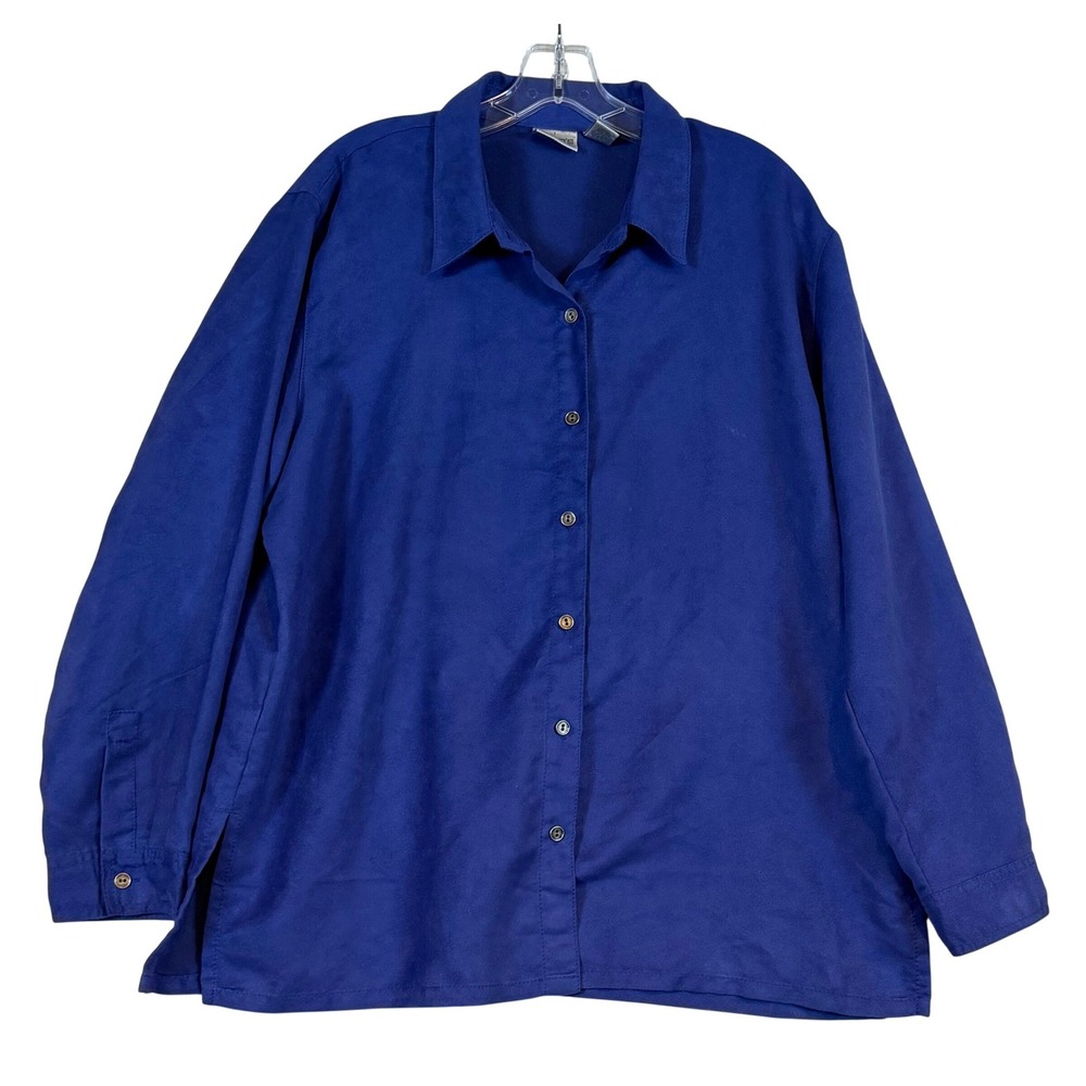 Chicos Royal‎ Blue Faux Suede Button Down Shirt Long Sleeve Size 3 XL Layering